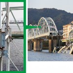 破断が確認された六十谷水管橋のつり材（左は和歌山市撮影のドローン映像より） 