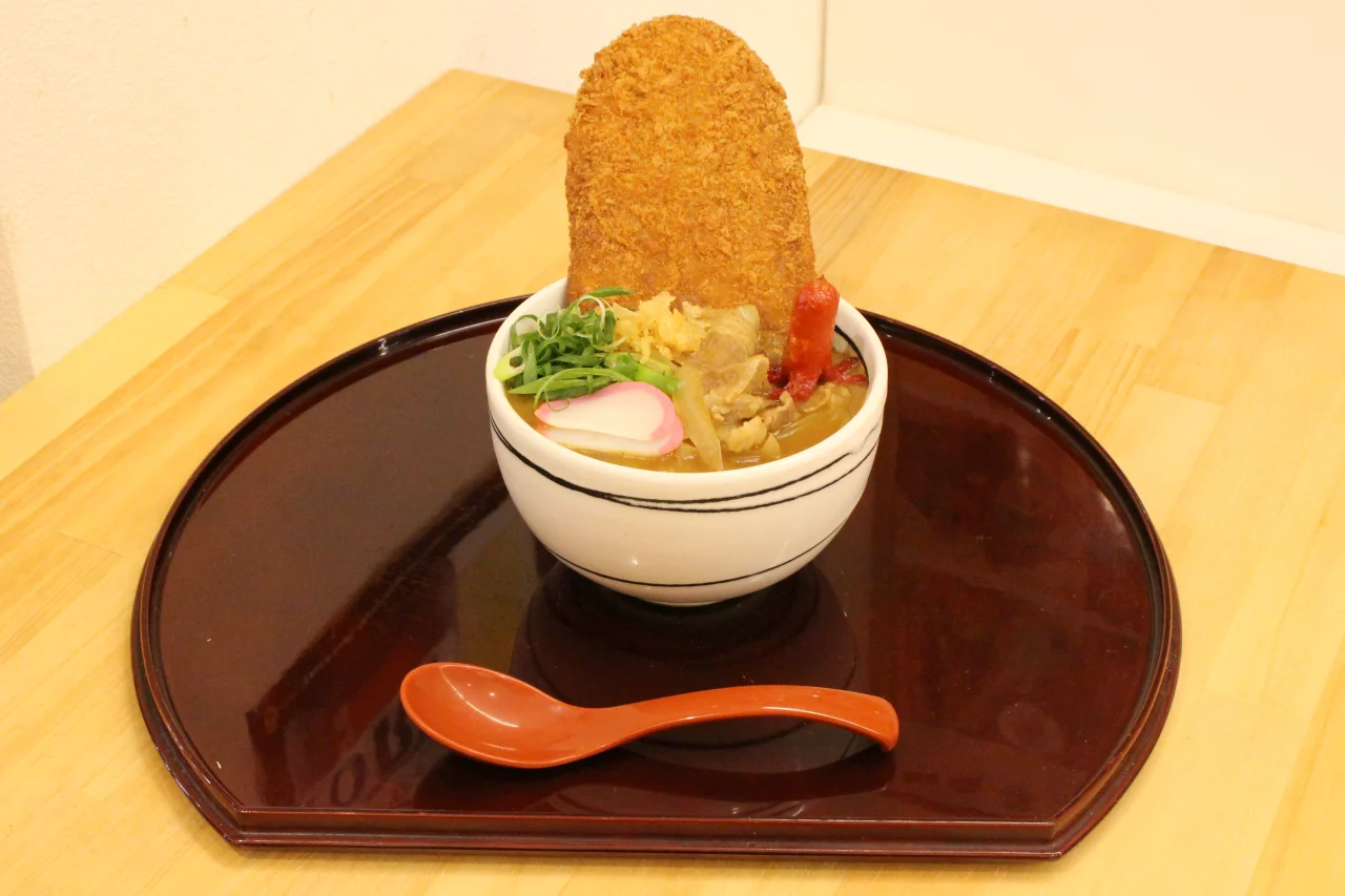 うどんとおむすび紬の大判わらじカレーうどん